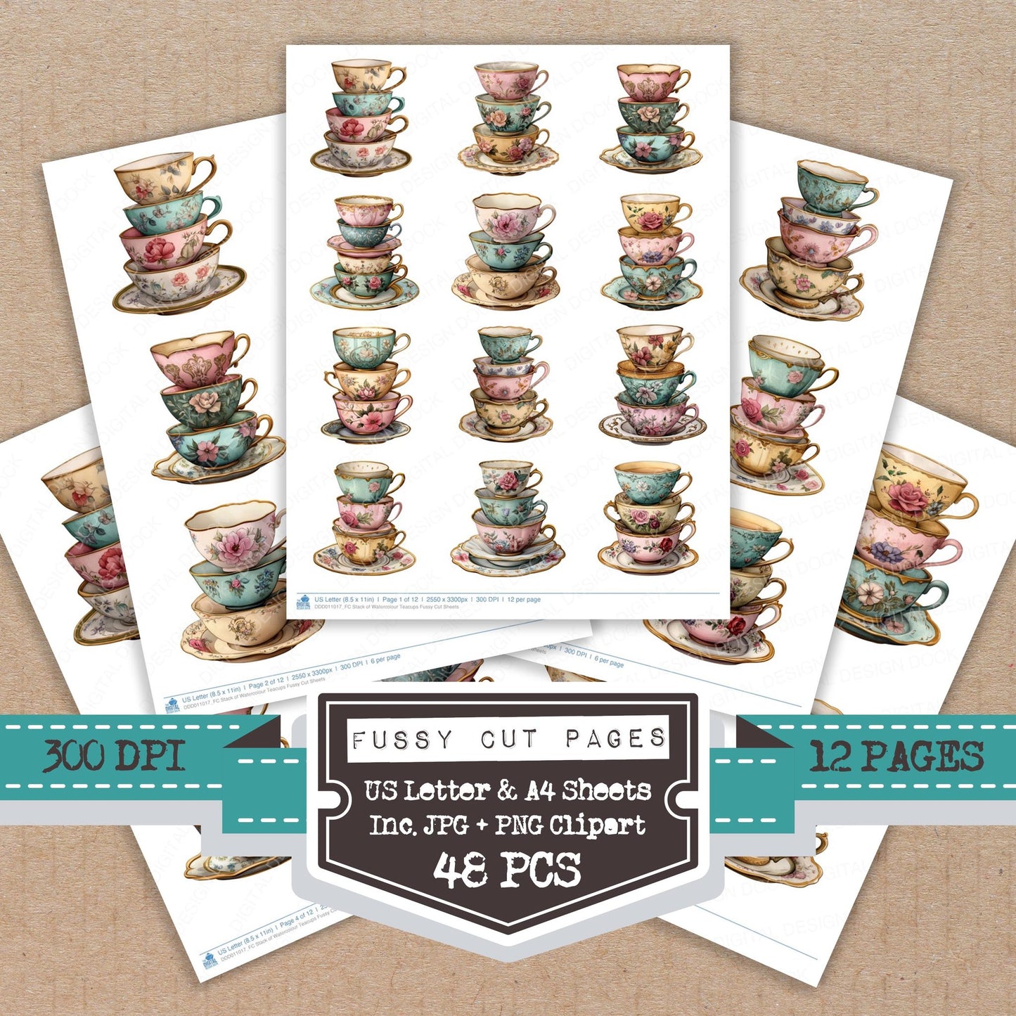 Stack of Watercolour Teacups fussy cut printable sheets for junk journaling, scrapbooking, and paper craft projects
