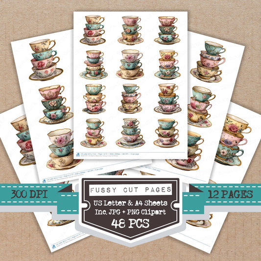 Stack of Watercolour Teacups fussy cut printable sheets for junk journaling, scrapbooking, and paper craft projects
