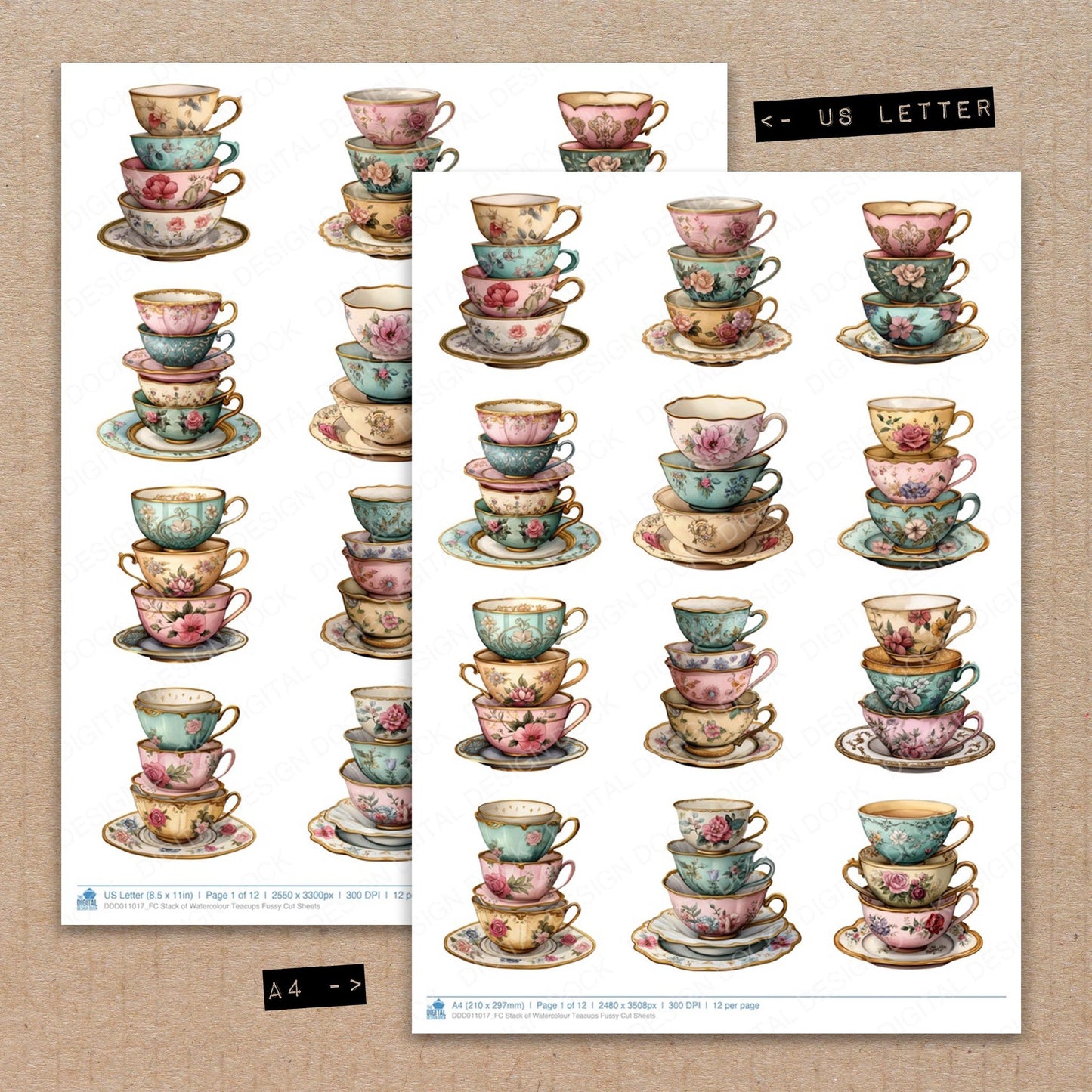A4 and US Letter format comparison showing Stack of Watercolour Teacups fussy cut pages for print and cut crafting