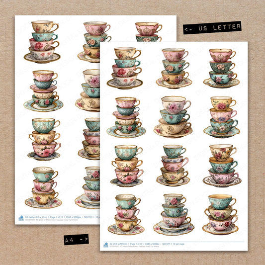 A4 and US Letter format comparison showing Stack of Watercolour Teacups fussy cut pages for print and cut crafting