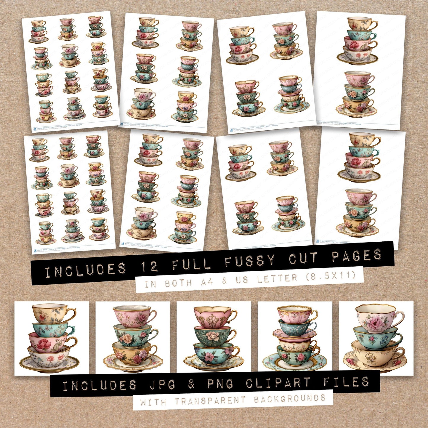 Full collection view of Stack of Watercolour Teacups fussy cut sheets with bonus clipart JPG and PNG files