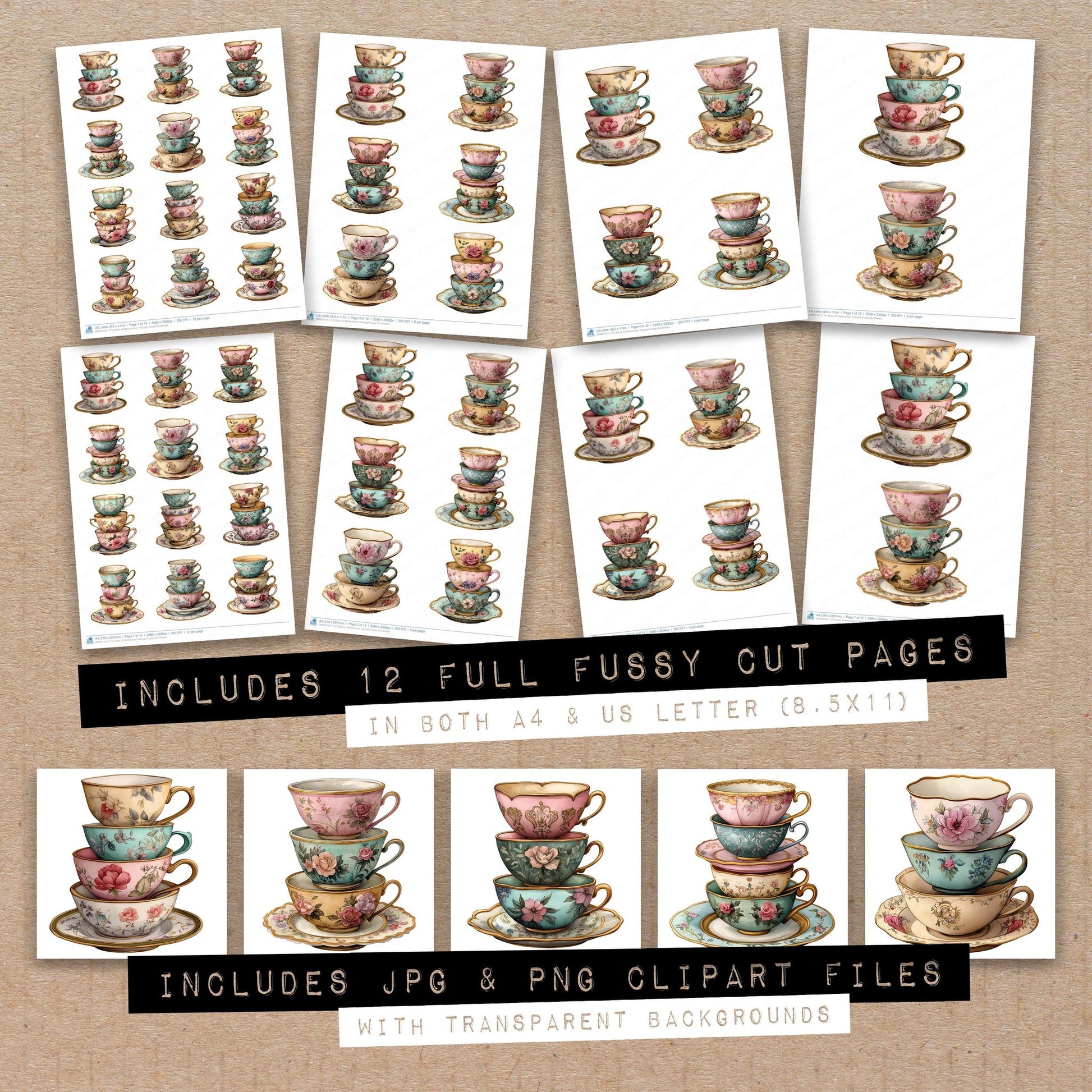 Full collection view of Stack of Watercolour Teacups fussy cut sheets with bonus clipart JPG and PNG files