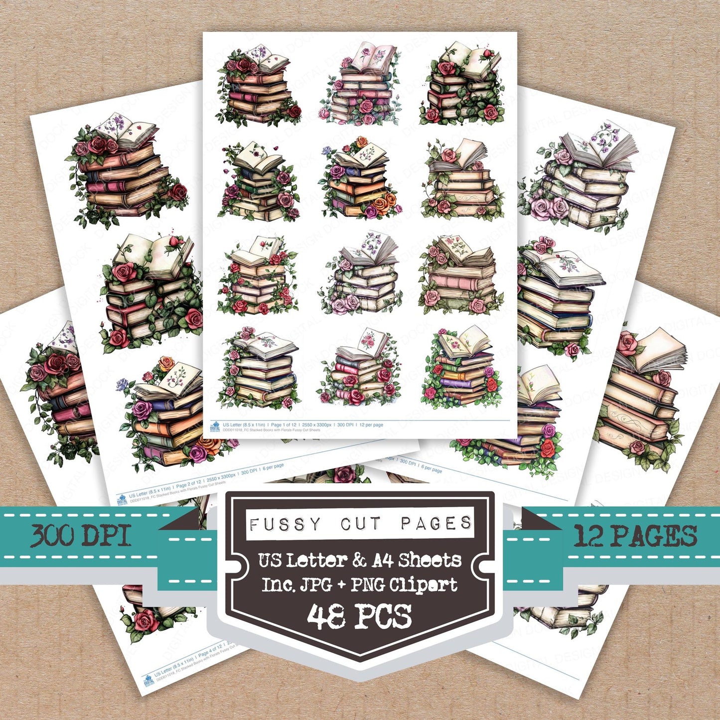 Stacked Books with Florals fussy cut printable sheets for junk journaling, scrapbooking, and paper craft projects