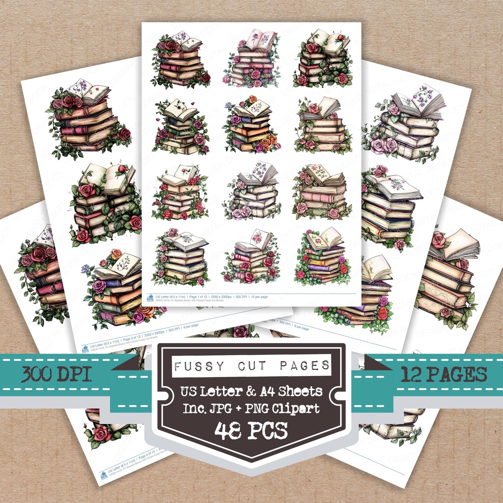 Stacked Books with Florals fussy cut printable sheets for junk journaling, scrapbooking, and paper craft projects