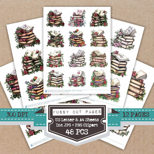 Stacked Books with Florals fussy cut printable sheets for junk journaling, scrapbooking, and paper craft projects