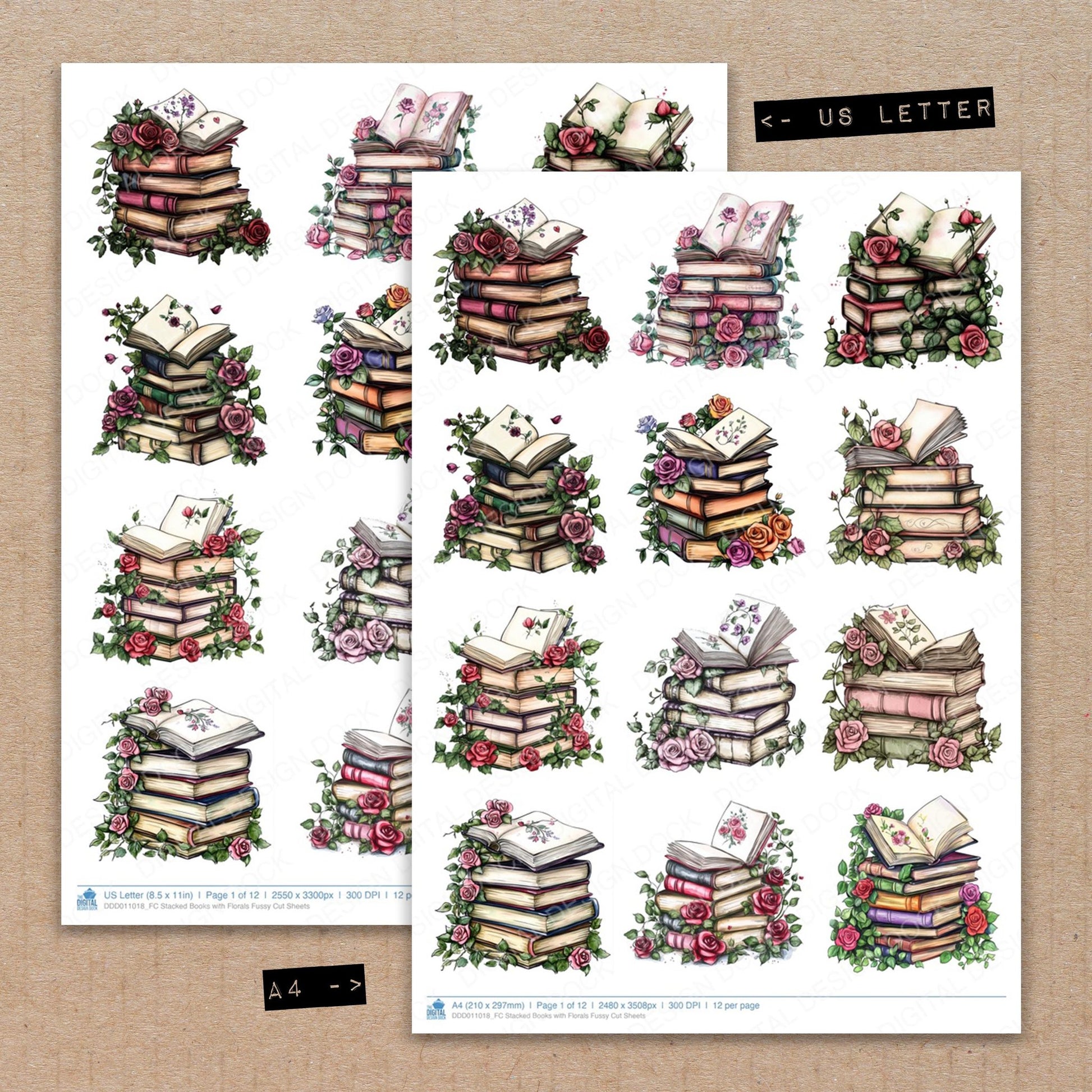 A4 and US Letter format comparison showing Stacked Books with Florals fussy cut pages for print and cut crafting