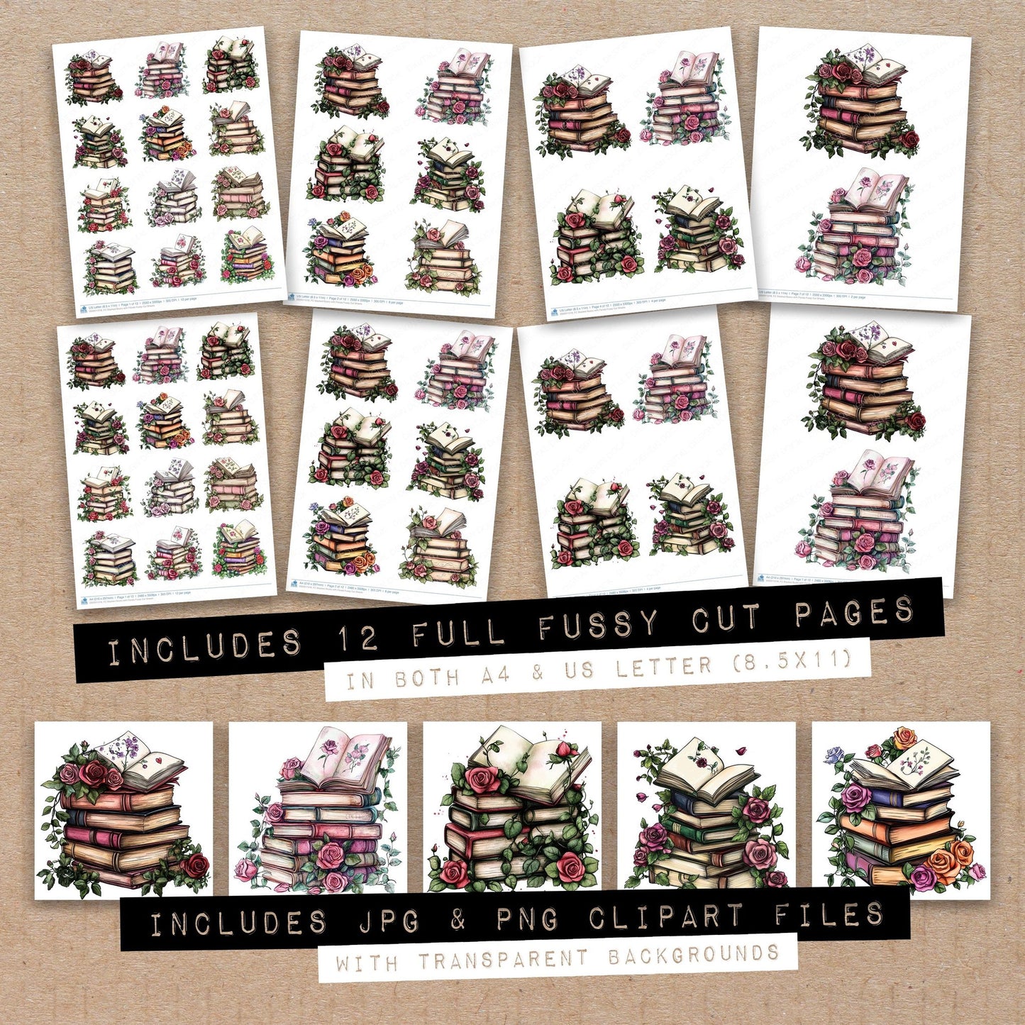 Full collection view of Stacked Books with Florals fussy cut sheets with bonus clipart JPG and PNG files