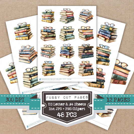 Stacked Books with Glasses fussy cut printable sheets for junk journaling, scrapbooking, and paper craft projects