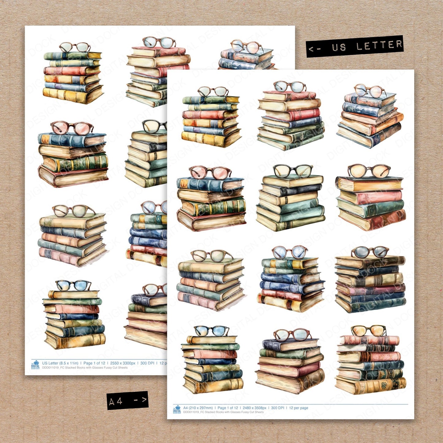 A4 and US Letter format comparison showing Stacked Books with Glasses fussy cut pages for print and cut crafting