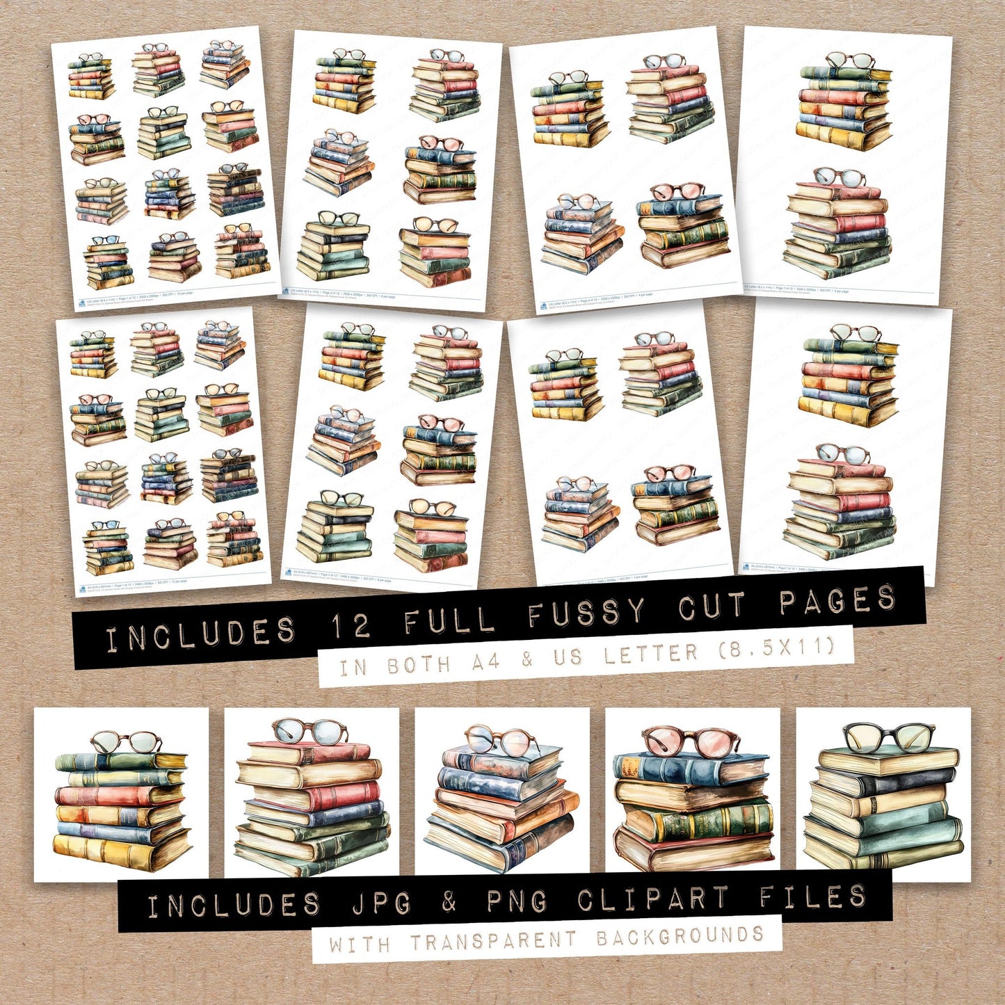 Full collection view of Stacked Books with Glasses fussy cut sheets with bonus clipart JPG and PNG files
