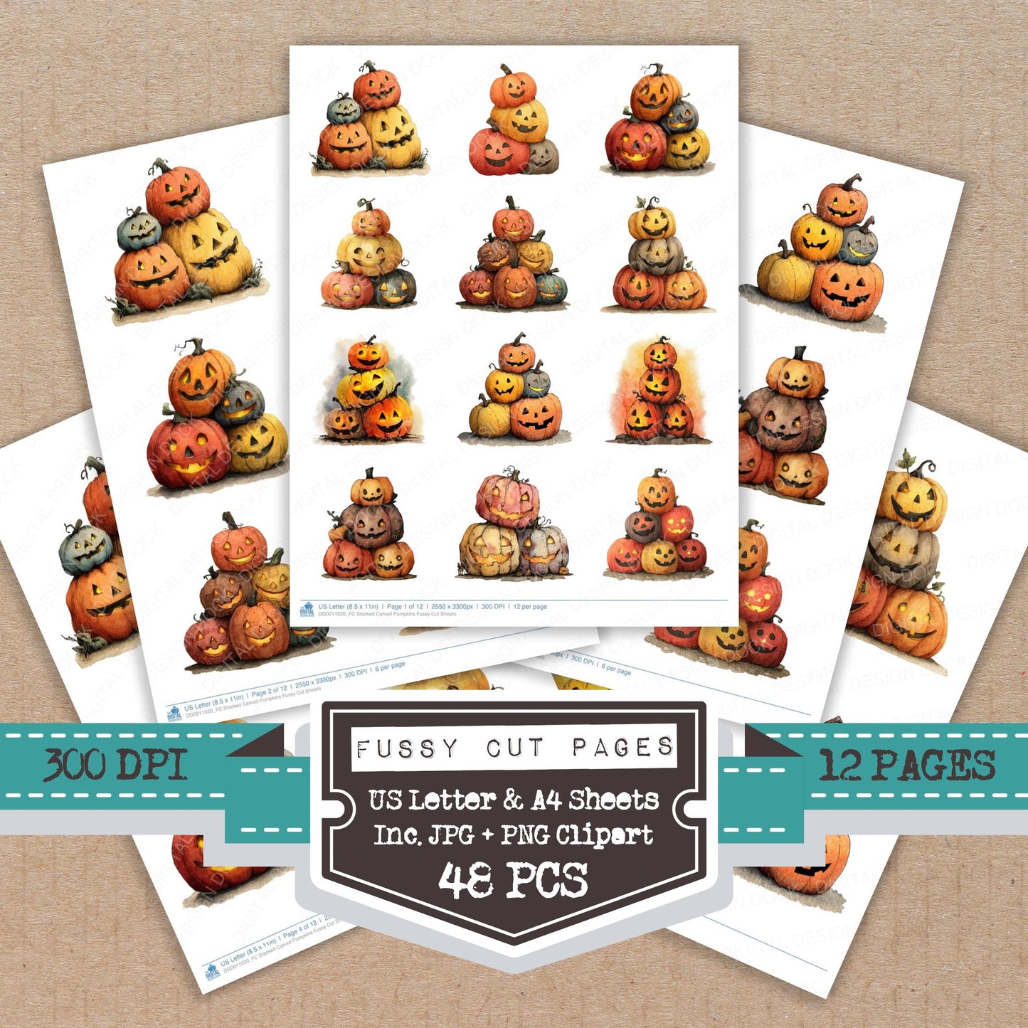 Stacked Carved Pumpkins fussy cut printable sheets for junk journaling, scrapbooking, and paper craft projects