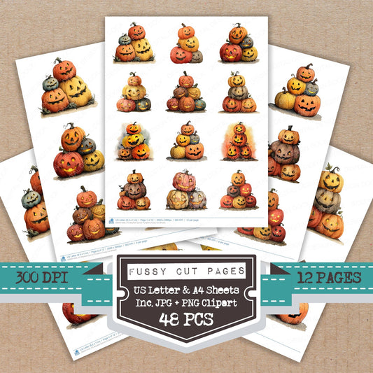Stacked Carved Pumpkins fussy cut printable sheets for junk journaling, scrapbooking, and paper craft projects