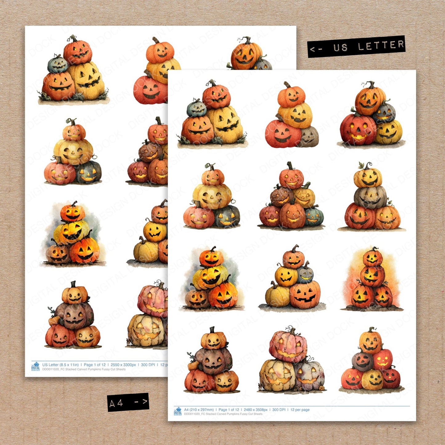 A4 and US Letter format comparison showing Stacked Carved Pumpkins fussy cut pages for print and cut crafting