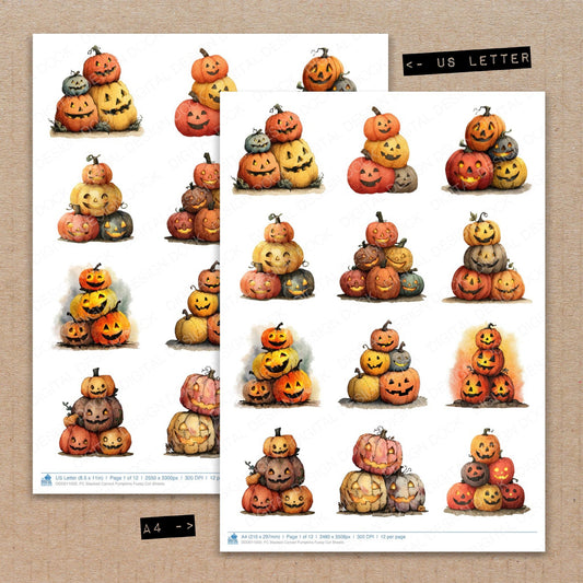 A4 and US Letter format comparison showing Stacked Carved Pumpkins fussy cut pages for print and cut crafting