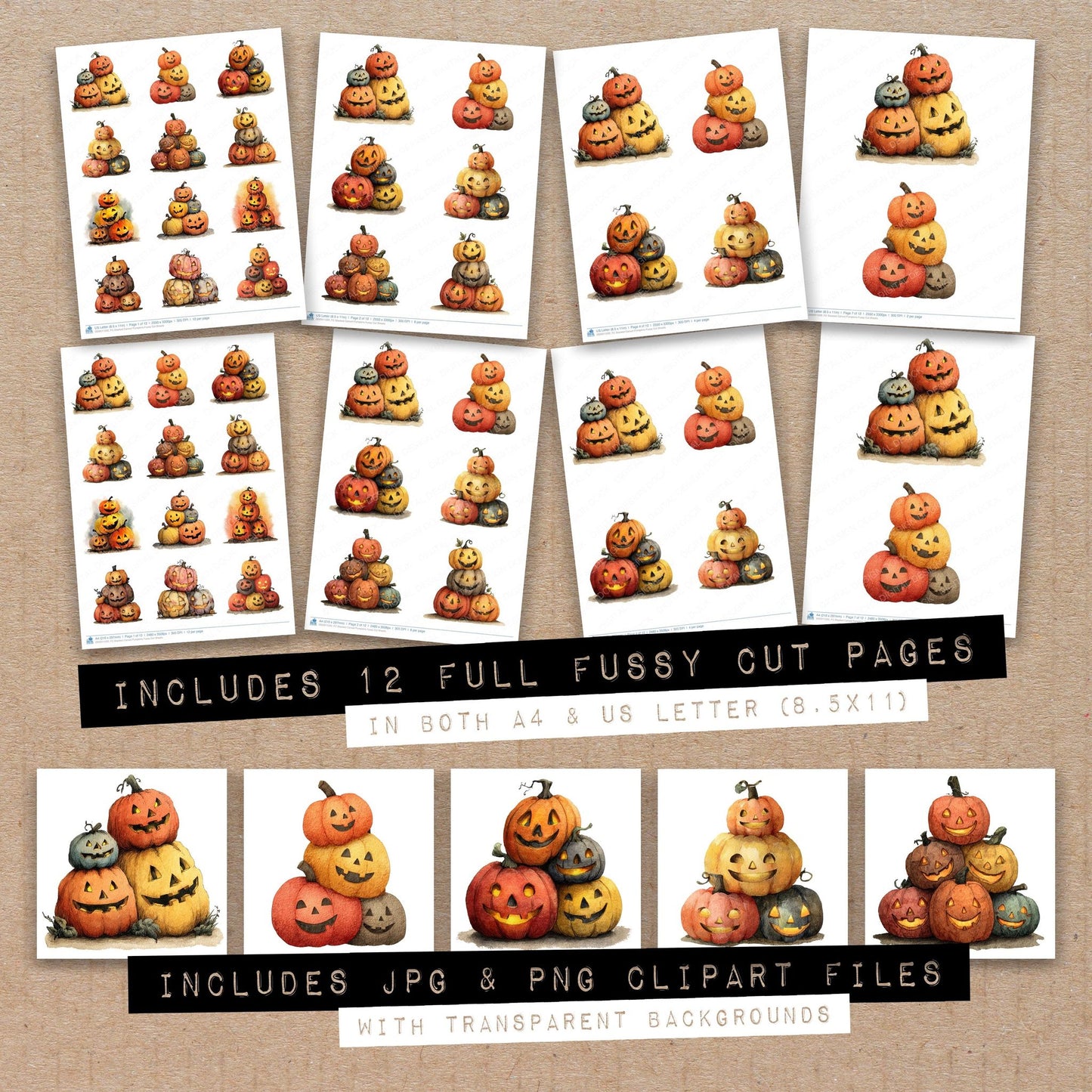 Full collection view of Stacked Carved Pumpkins fussy cut sheets with bonus clipart JPG and PNG files