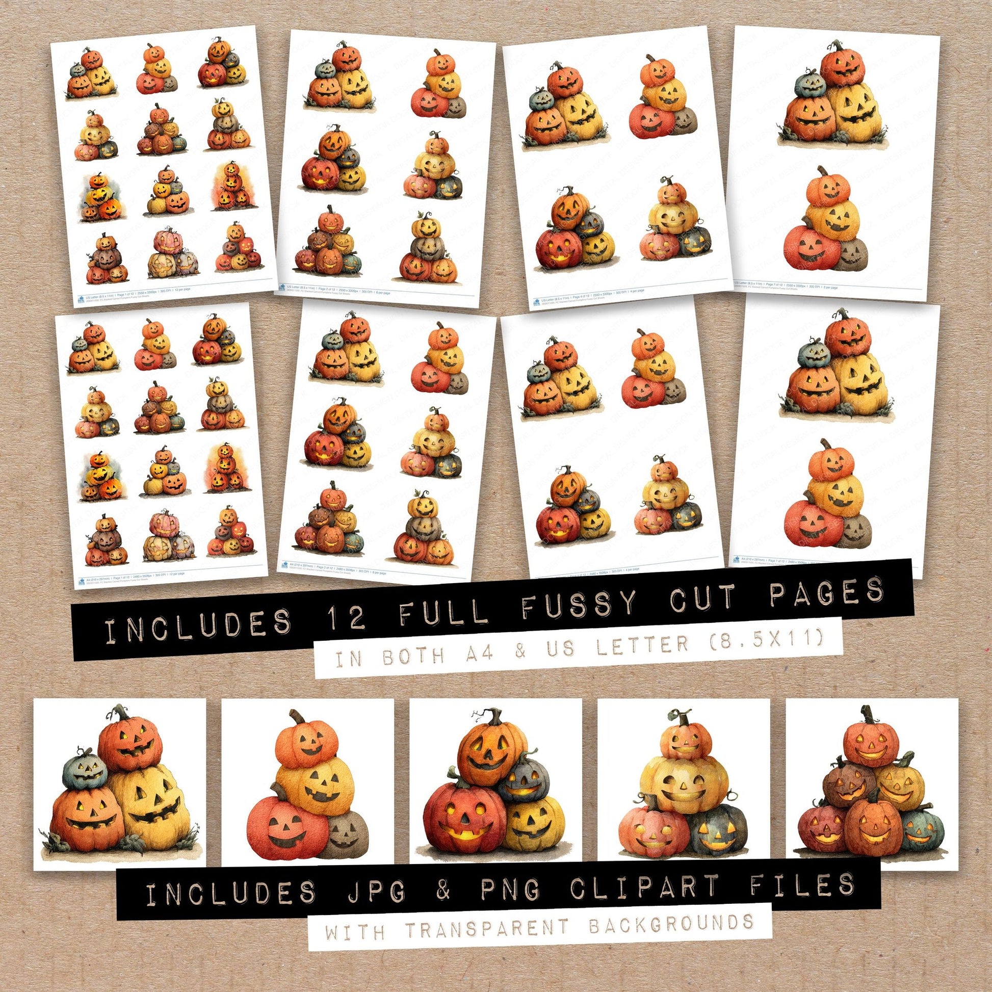 Full collection view of Stacked Carved Pumpkins fussy cut sheets with bonus clipart JPG and PNG files