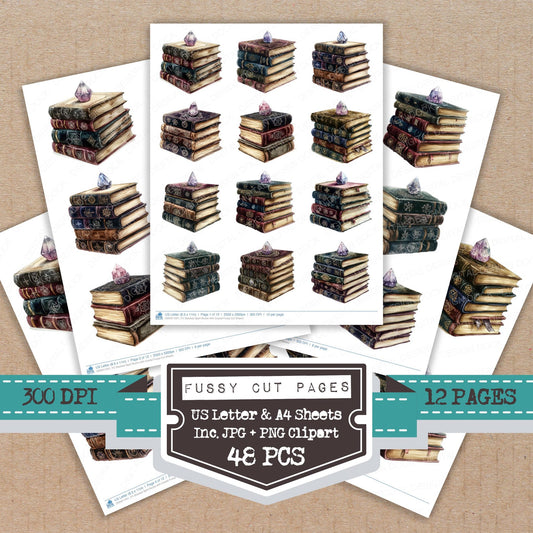 Stacked Spell Books with Crystal fussy cut printable sheets for junk journaling, scrapbooking, and paper craft projects