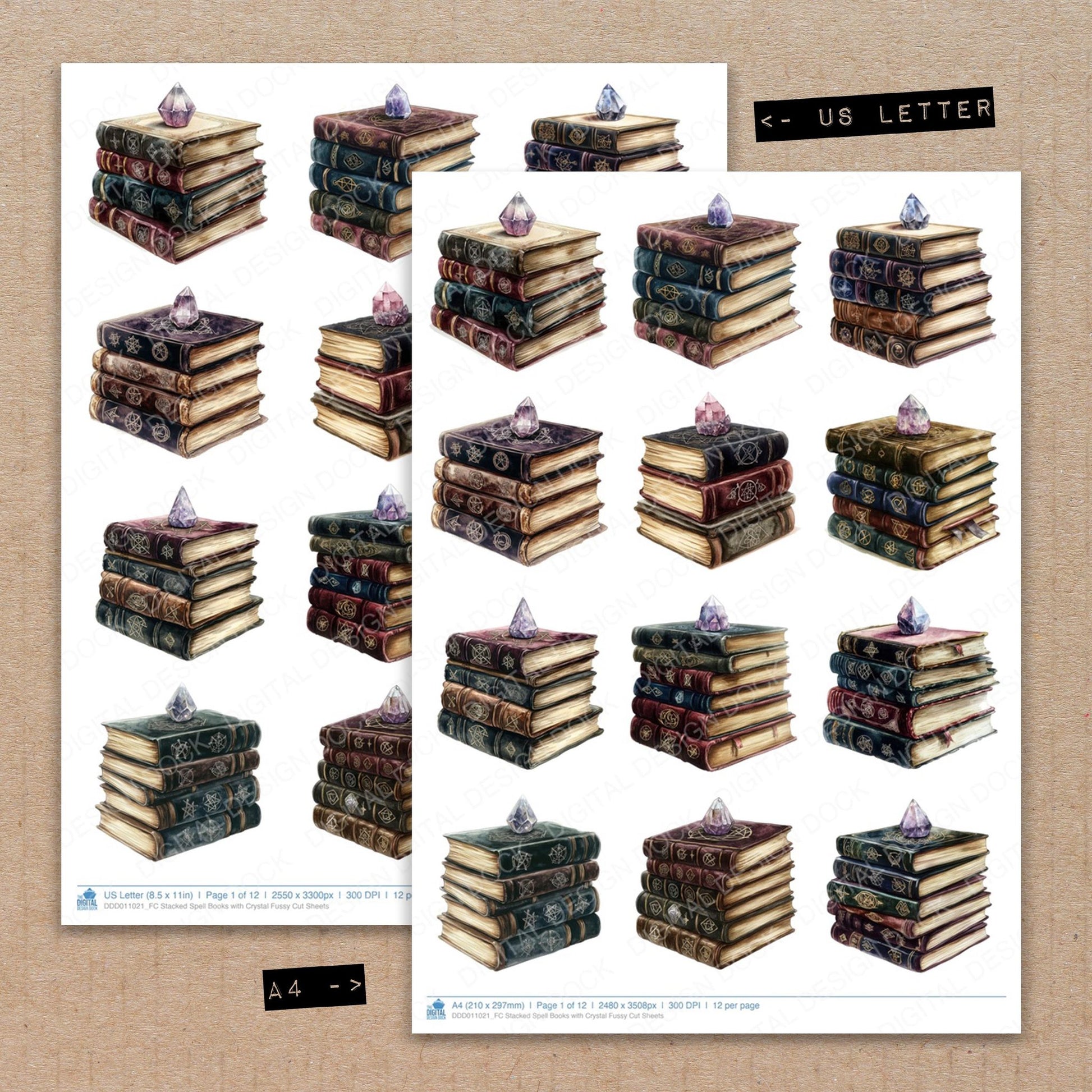 A4 and US Letter format comparison showing Stacked Spell Books with Crystal fussy cut pages for print and cut crafting