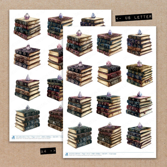 A4 and US Letter format comparison showing Stacked Spell Books with Crystal fussy cut pages for print and cut crafting