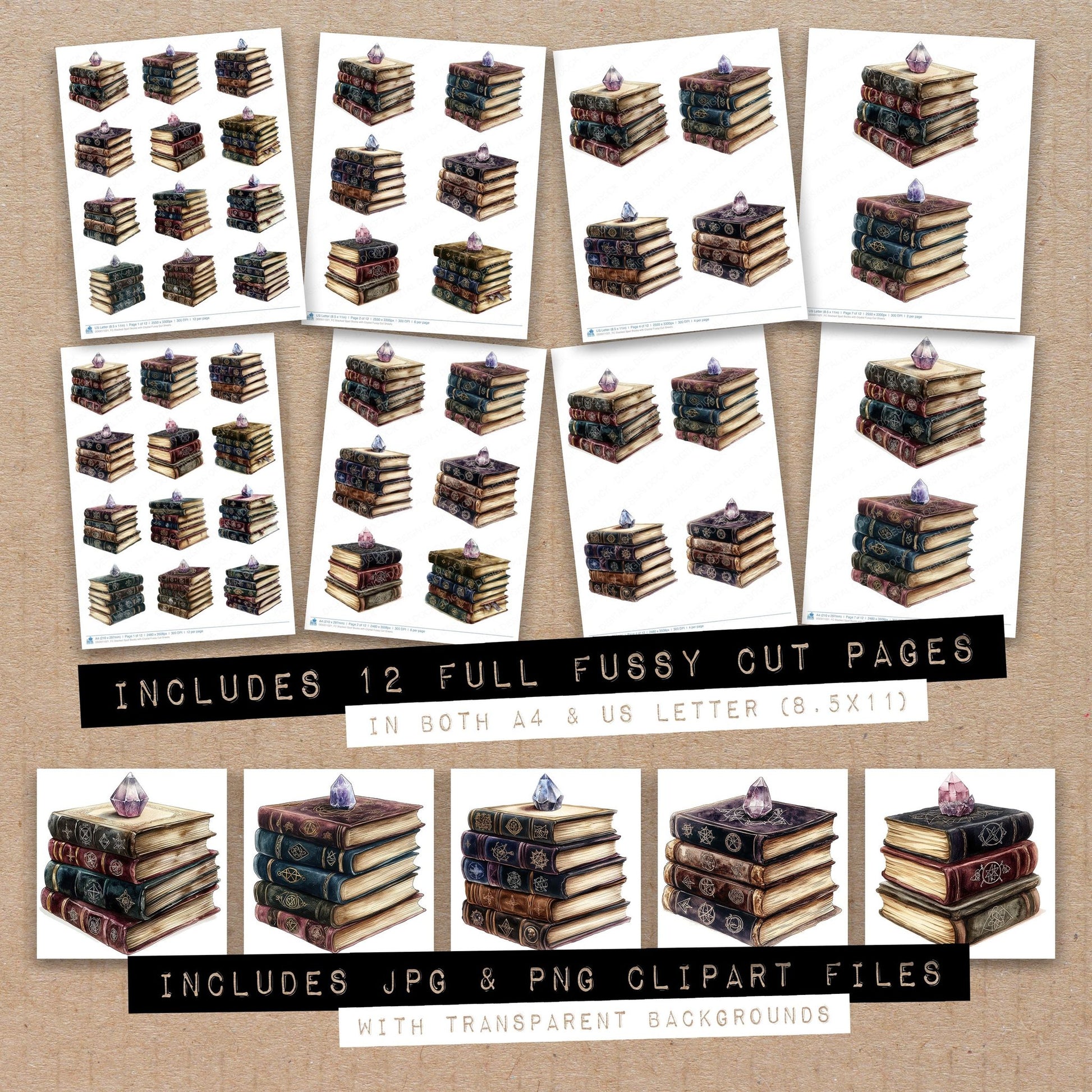 Full collection view of Stacked Spell Books with Crystal fussy cut sheets with bonus clipart JPG and PNG files