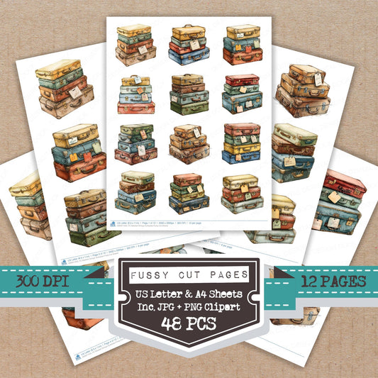 Stacked Vintage Suitcases fussy cut printable sheets for junk journaling, scrapbooking, and paper craft projects