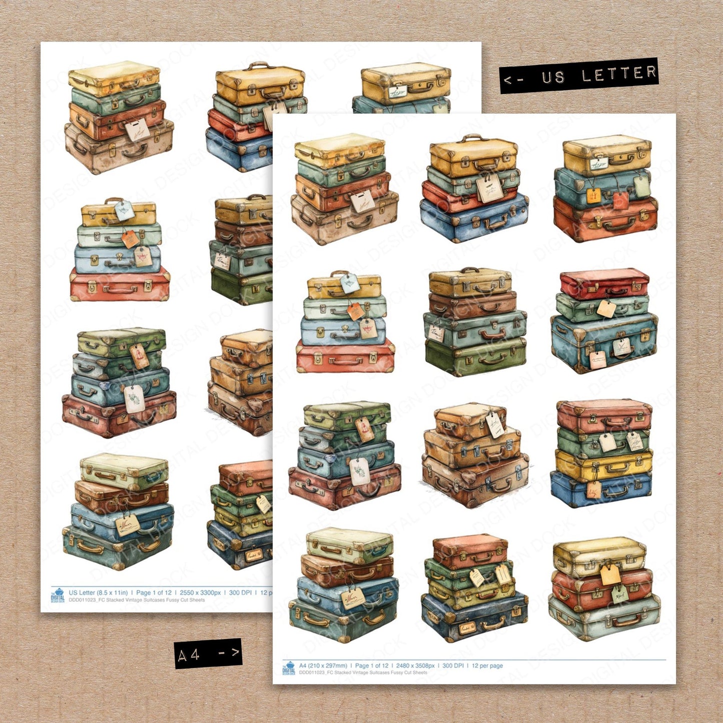A4 and US Letter format comparison showing Stacked Vintage Suitcases fussy cut pages for print and cut crafting
