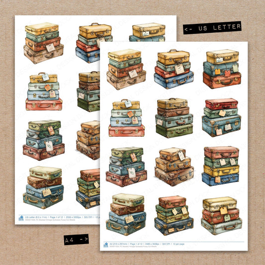 A4 and US Letter format comparison showing Stacked Vintage Suitcases fussy cut pages for print and cut crafting