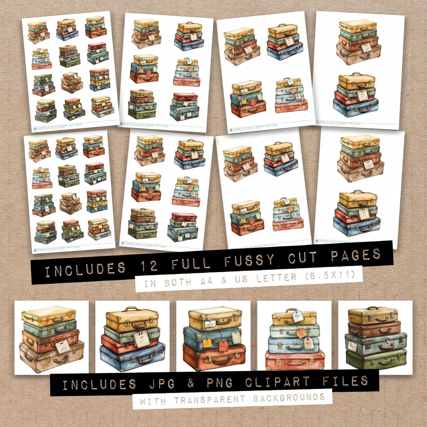 Full collection view of Stacked Vintage Suitcases fussy cut sheets with bonus clipart JPG and PNG files