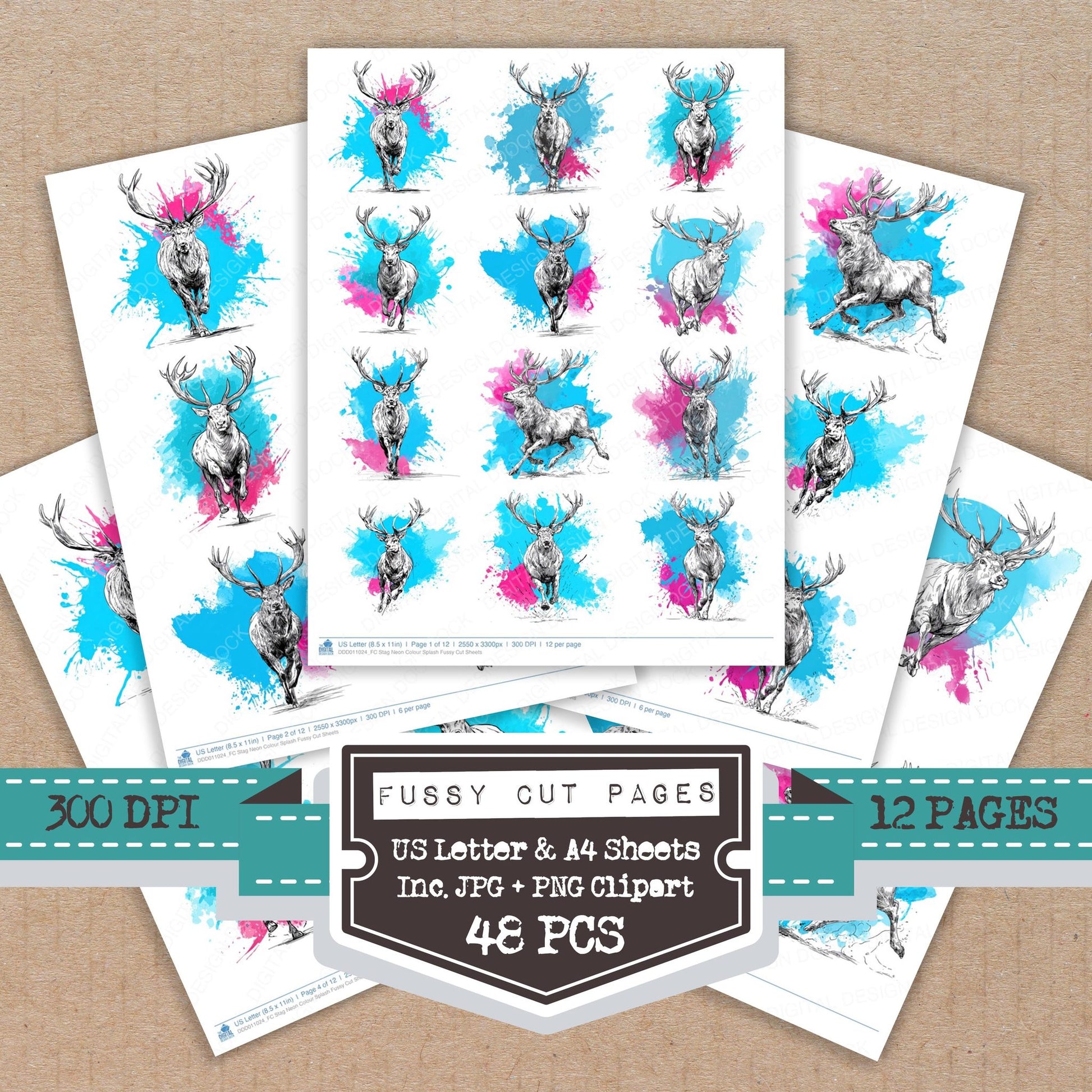 Stag Neon Colour Splash fussy cut printable sheets for junk journaling, scrapbooking, and paper craft projects