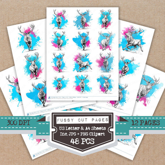 Stag Neon Colour Splash fussy cut printable sheets for junk journaling, scrapbooking, and paper craft projects
