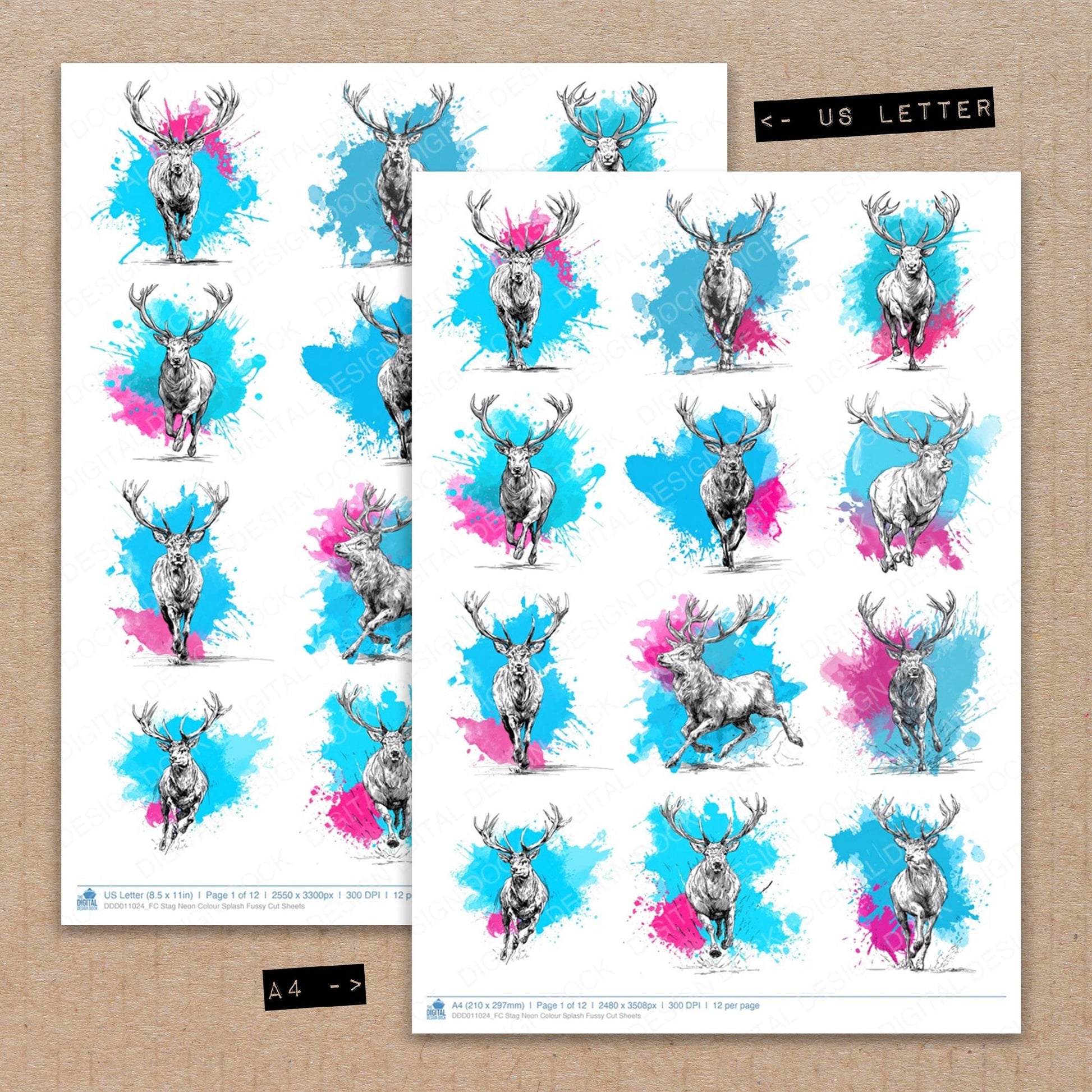 A4 and US Letter format comparison showing Stag Neon Colour Splash fussy cut pages for print and cut crafting
