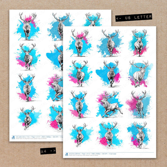 A4 and US Letter format comparison showing Stag Neon Colour Splash fussy cut pages for print and cut crafting