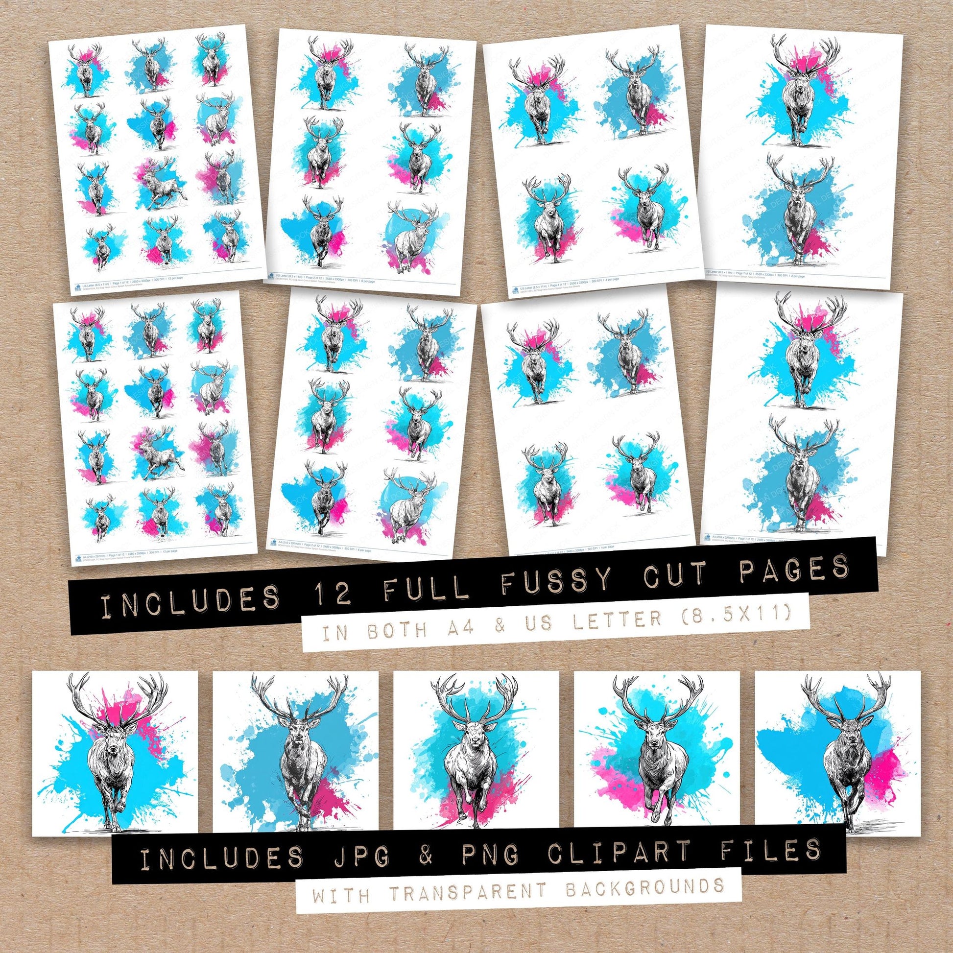 Full collection view of Stag Neon Colour Splash fussy cut sheets with bonus clipart JPG and PNG files