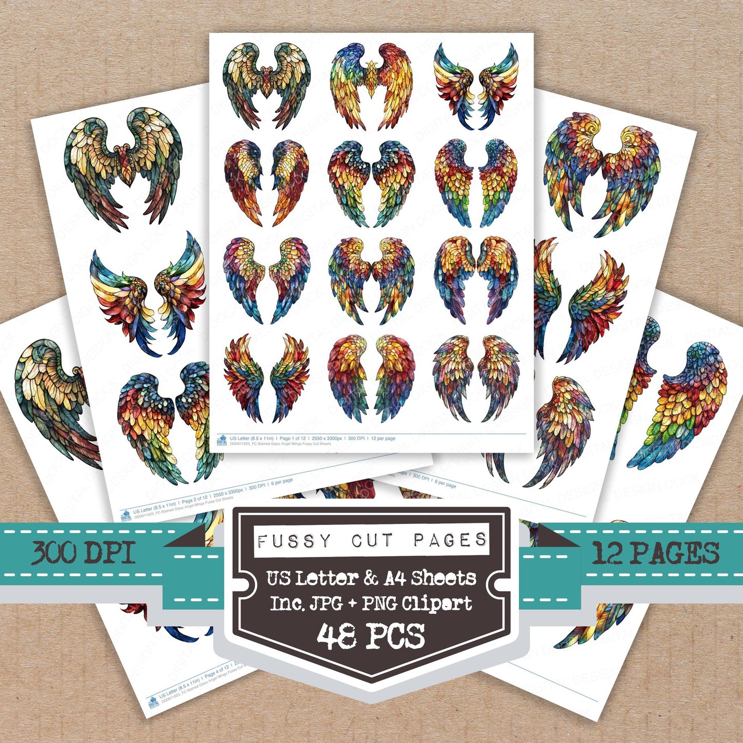 Stained Glass Angel Wings fussy cut printable sheets for junk journaling, scrapbooking, and paper craft projects