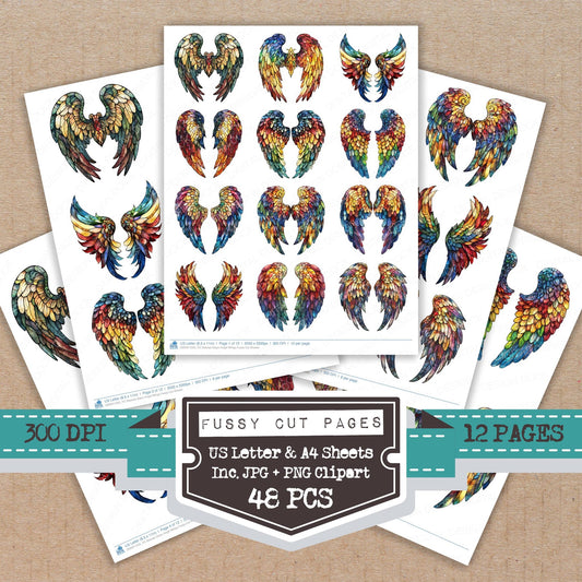 Stained Glass Angel Wings fussy cut printable sheets for junk journaling, scrapbooking, and paper craft projects