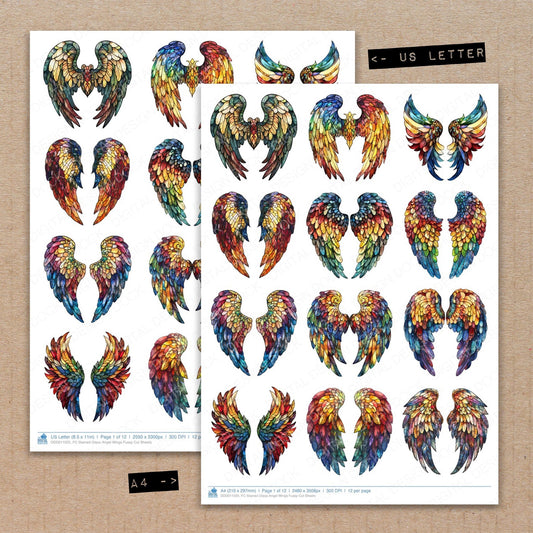 A4 and US Letter format comparison showing Stained Glass Angel Wings fussy cut pages for print and cut crafting