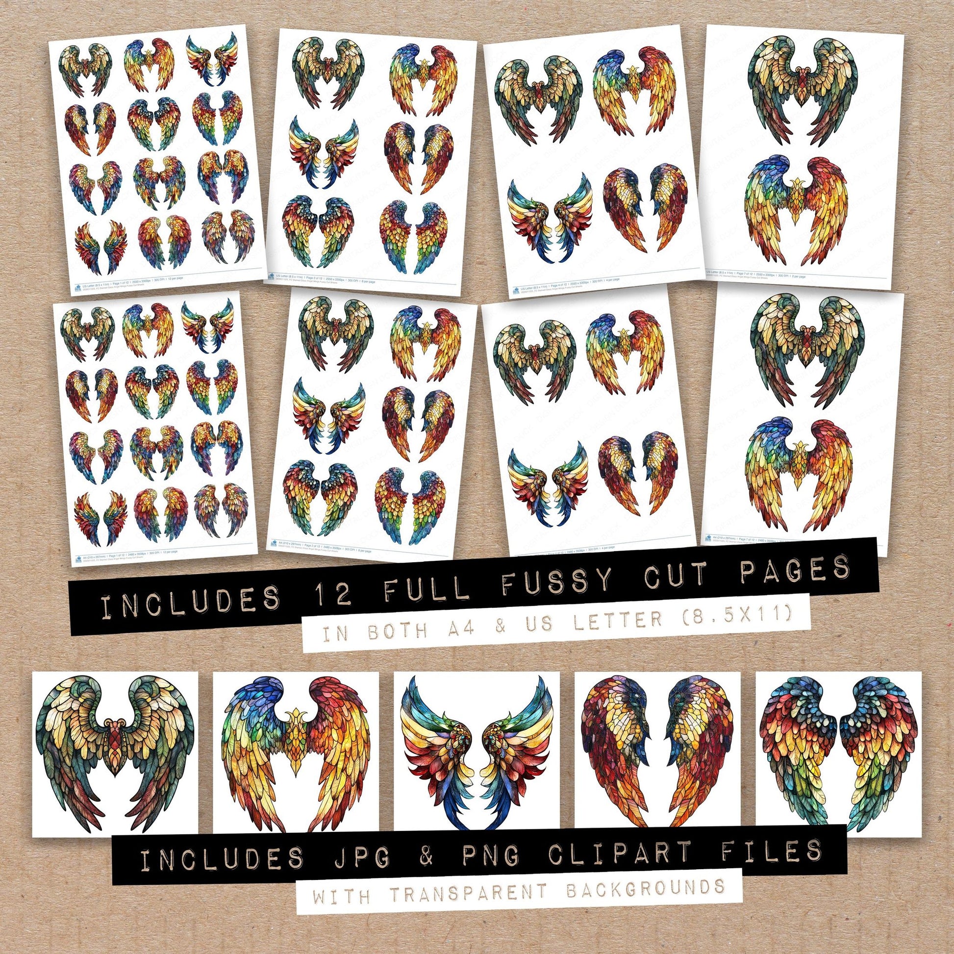 Full collection view of Stained Glass Angel Wings fussy cut sheets with bonus clipart JPG and PNG files