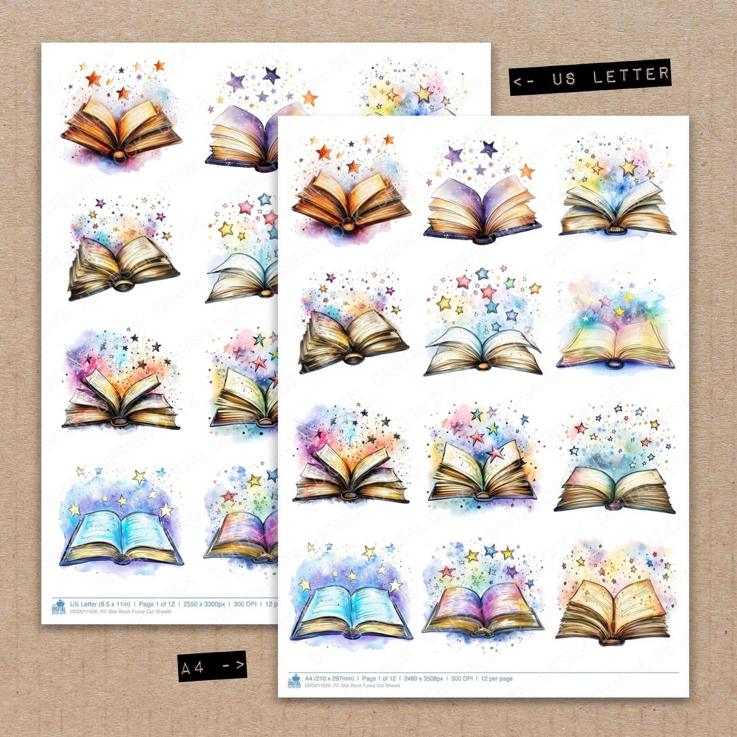A4 and US Letter format comparison showing Star Book fussy cut pages for print and cut crafting