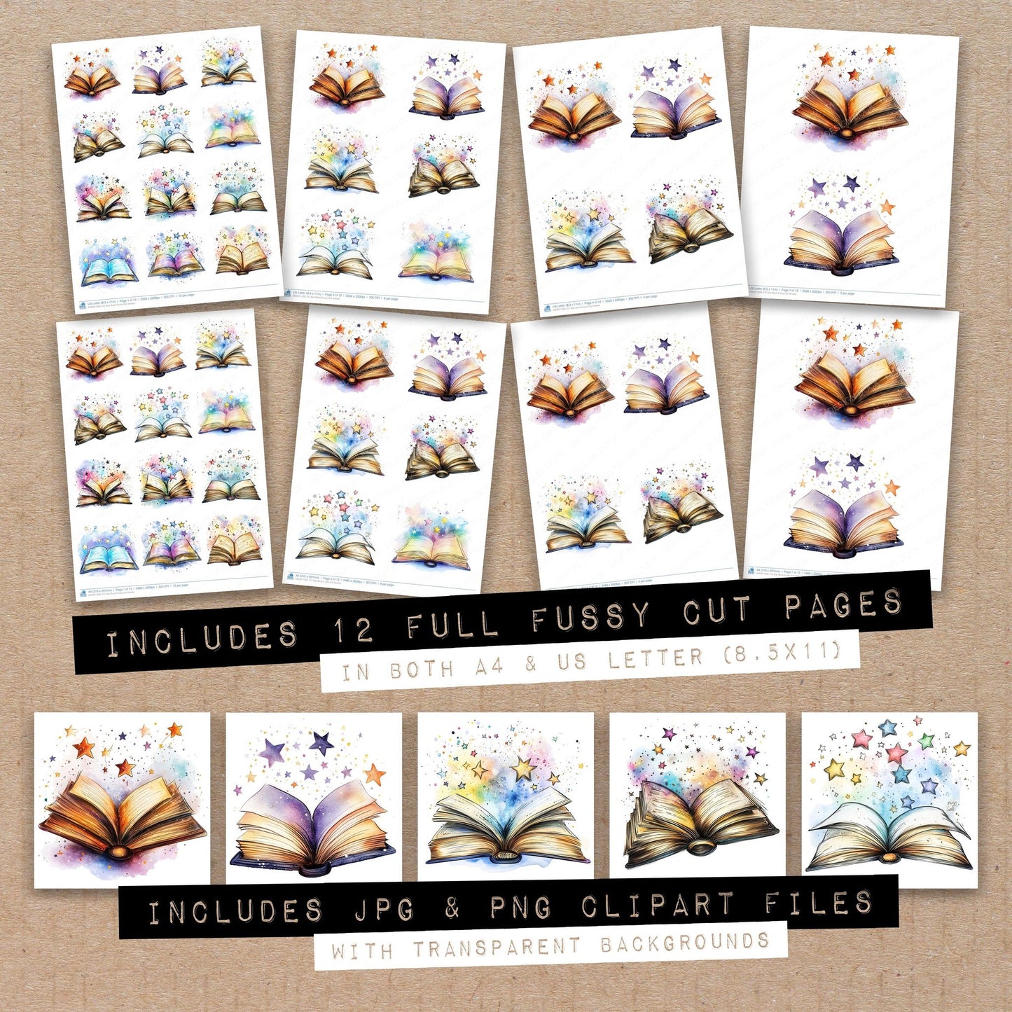 Full collection view of Star Book fussy cut sheets with bonus clipart JPG and PNG files