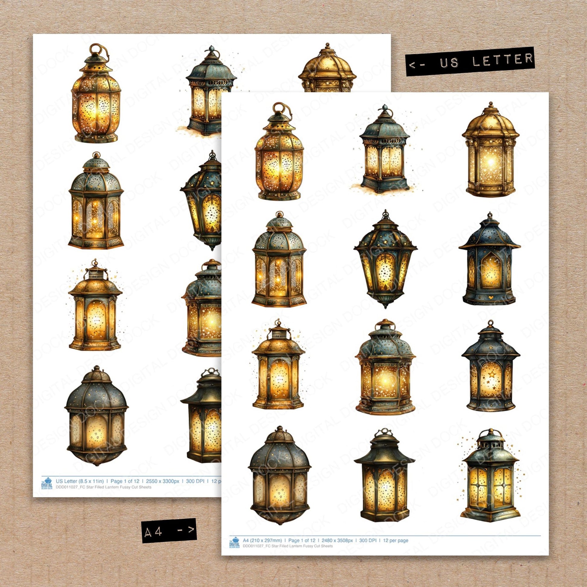 A4 and US Letter format comparison showing Star Filled Lantern fussy cut pages for print and cut crafting