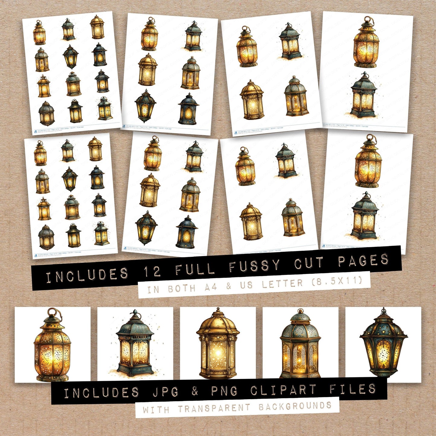 Full collection view of Star Filled Lantern fussy cut sheets with bonus clipart JPG and PNG files