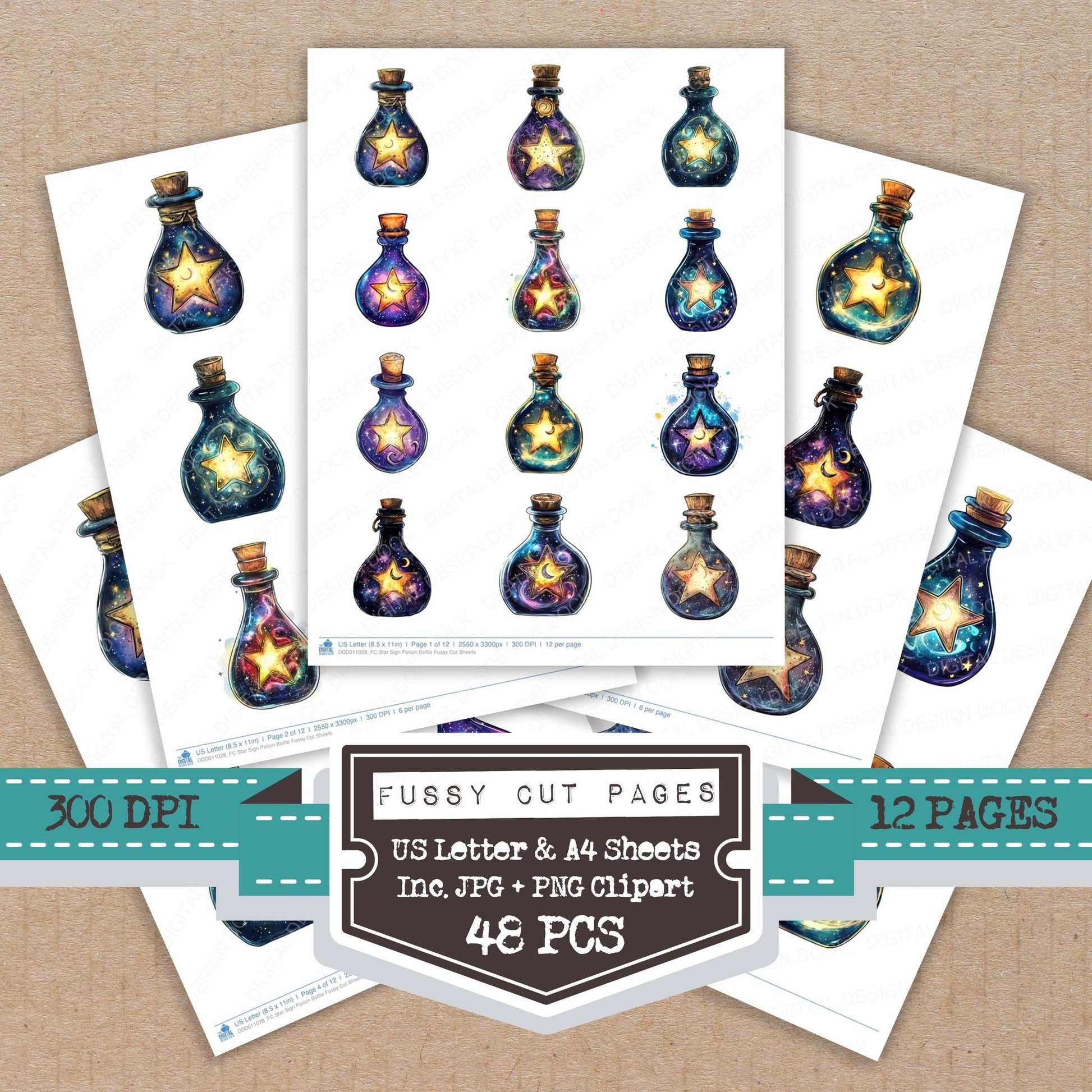Star Sign Potion Bottle fussy cut printable sheets for junk journaling, scrapbooking, and paper craft projects