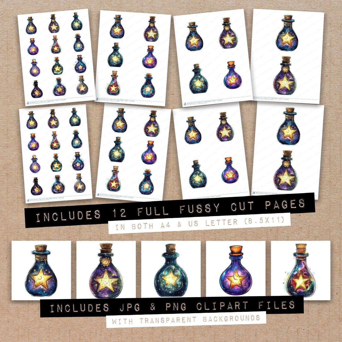 Full collection view of Star Sign Potion Bottle fussy cut sheets with bonus clipart JPG and PNG files