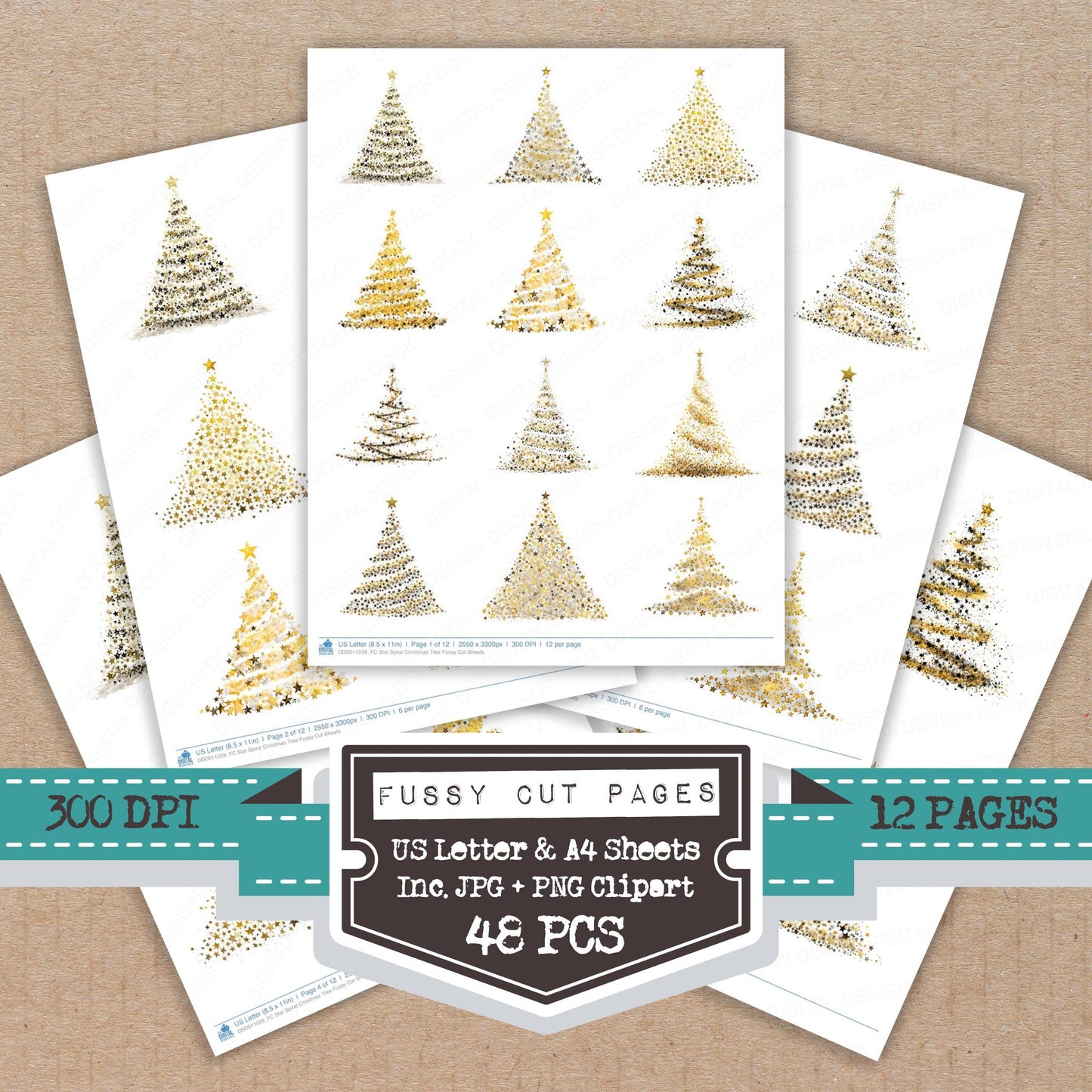 Star Spiral Christmas Tree fussy cut printable sheets for junk journaling, scrapbooking, and paper craft projects