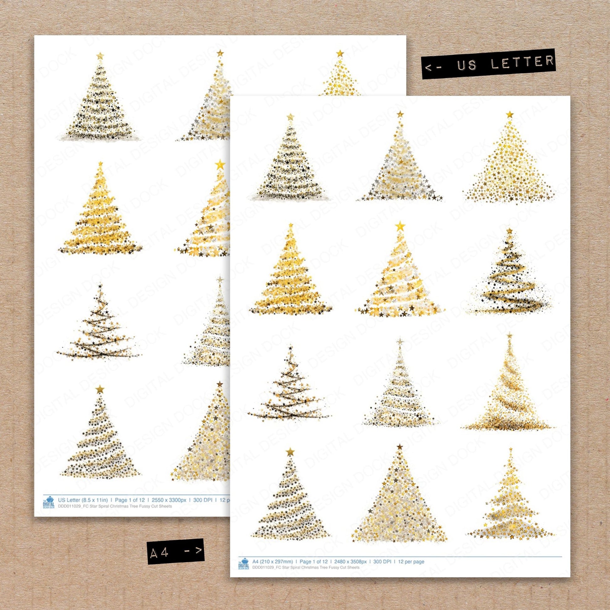 A4 and US Letter format comparison showing Star Spiral Christmas Tree fussy cut pages for print and cut crafting