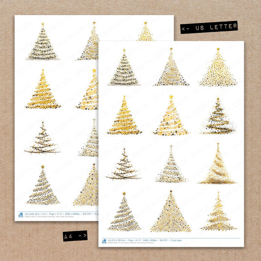 A4 and US Letter format comparison showing Star Spiral Christmas Tree fussy cut pages for print and cut crafting