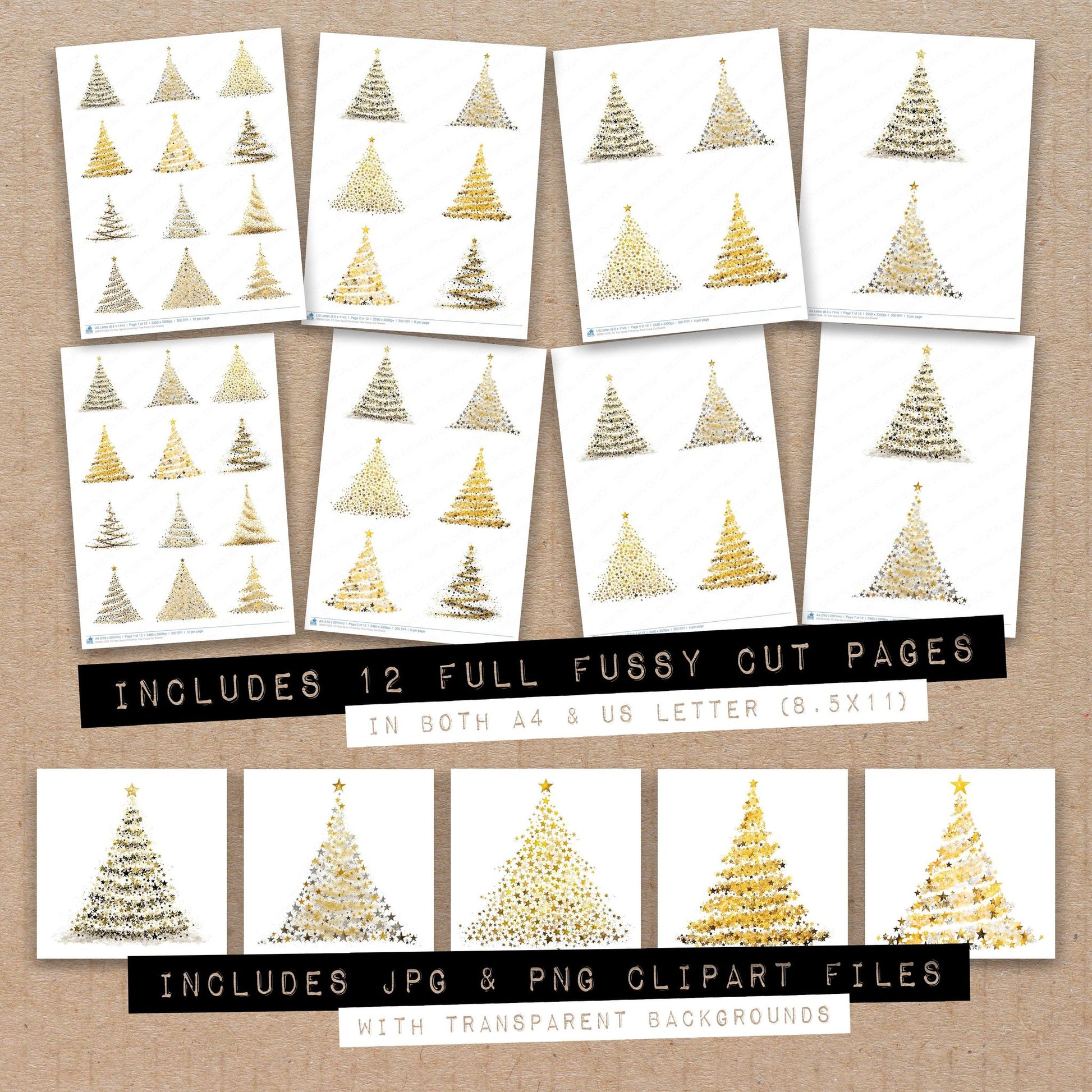 Full collection view of Star Spiral Christmas Tree fussy cut sheets with bonus clipart JPG and PNG files