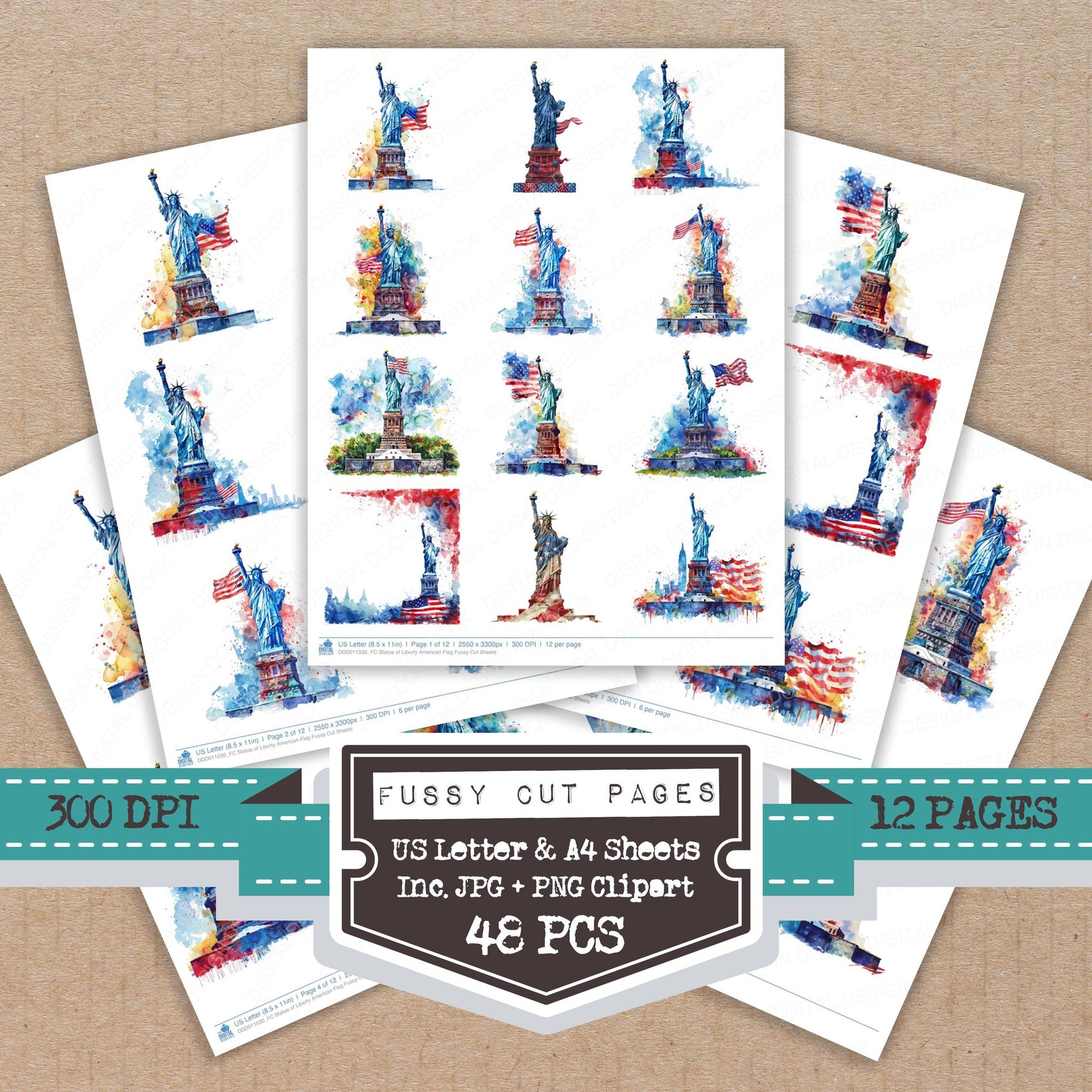 Statue of Liberty American Flag fussy cut printable sheets for junk journaling, scrapbooking, and paper craft projects