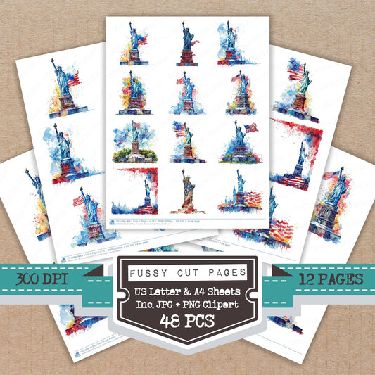 Statue of Liberty American Flag fussy cut printable sheets for junk journaling, scrapbooking, and paper craft projects