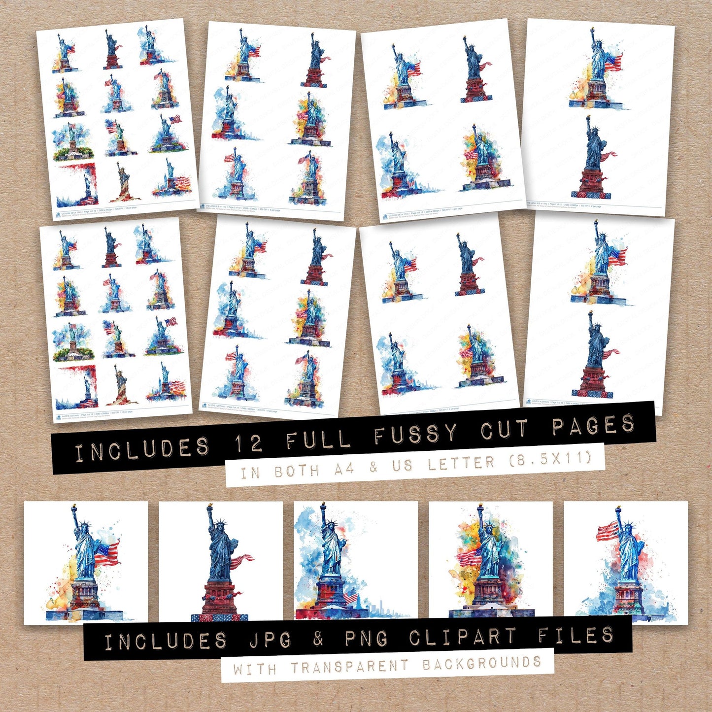 Full collection view of Statue of Liberty American Flag fussy cut sheets with bonus clipart JPG and PNG files